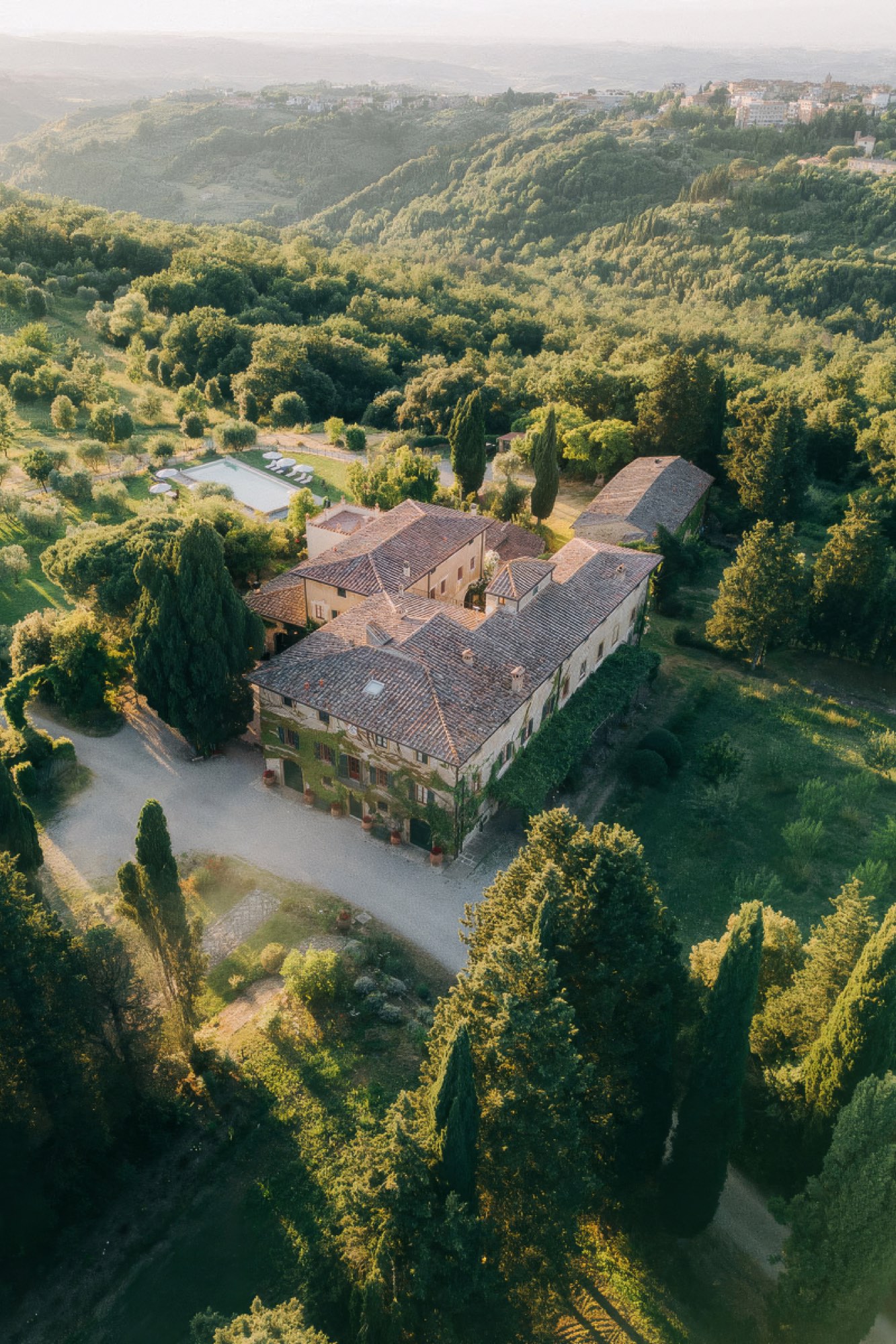 Aerial view of Villa Pozzolo at golden hour